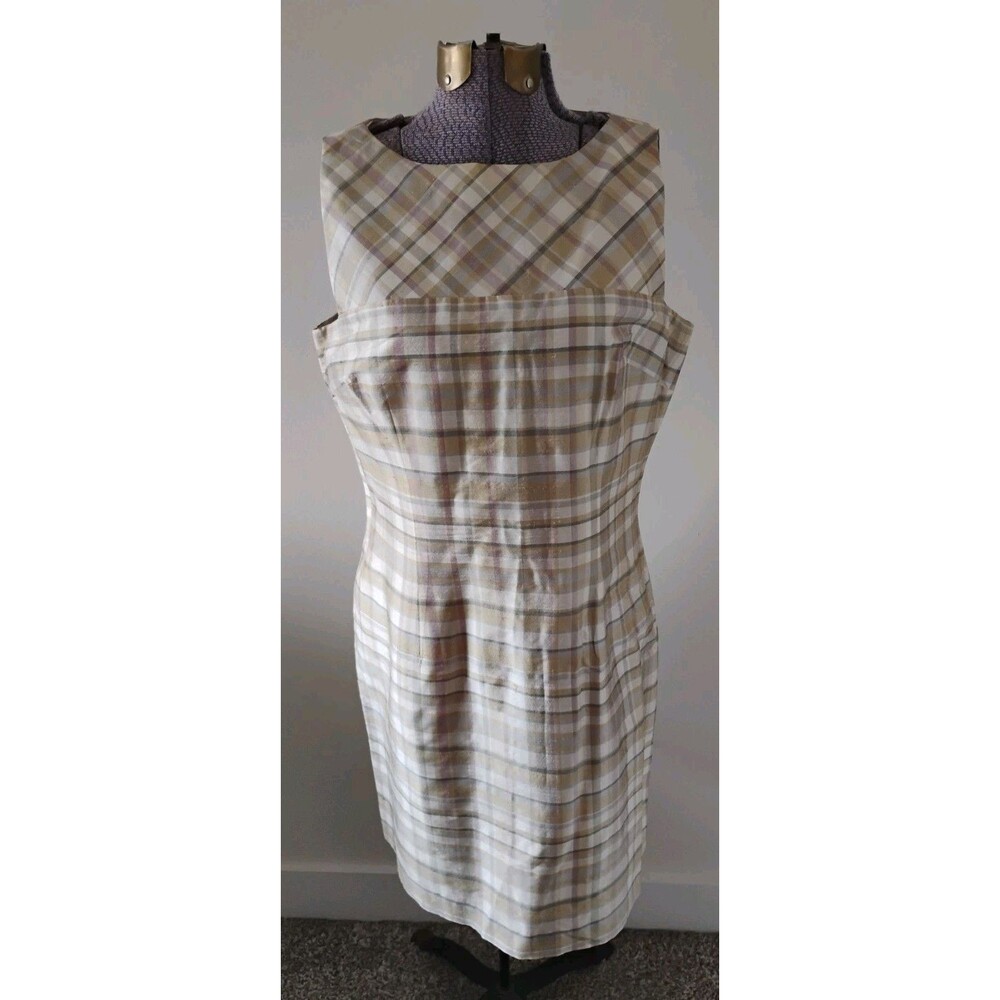 Vtg Ann Taylor 100% Silk Dress 90s Plaid Beige Green Lavender Preppy Sz 8